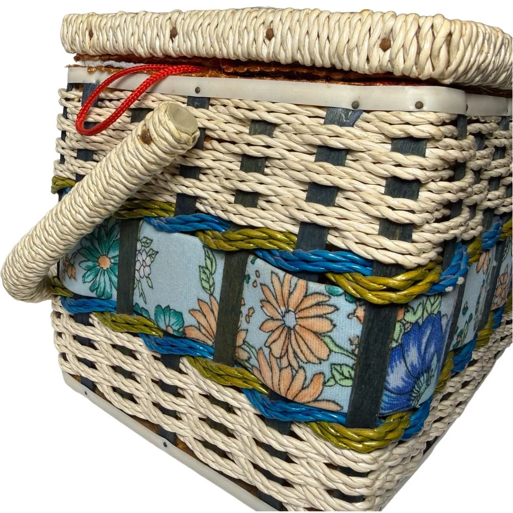 Mid Century Wicker Sewing Basket Floral Fabric Red Satin Lining Cottagecore